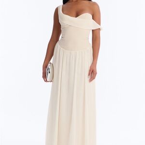 Fashion Nova Cream One-Shoulder Chiffon Maxi Dress